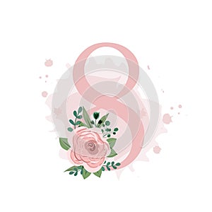 Number eight decorated with pink rose, leaves and watercolor splash isolated on white background