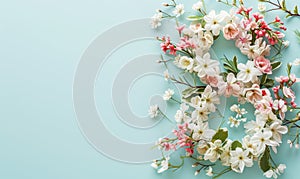 Number eight made from apple blossoms on blue background. International Women's Day