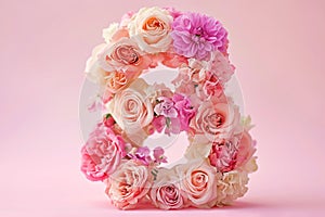 Number eight made from flowers on pink background. International Women's Day