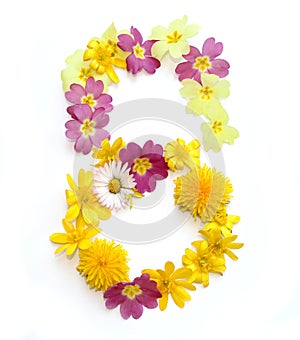 number eight made from freshly picked yellow and pink flowers.