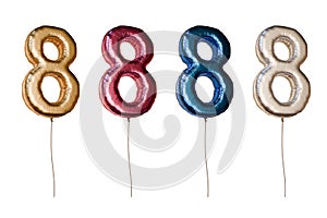 Number eight shaped foil balloons in different colors. Isolated on white background. 3D rendered illustration