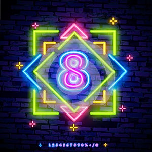 Number eight symbol neon sign vector. Eighth, Number eight template neon icon, light banner, neon signboard, nightly bright