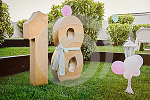 Number eighteen gold color over green grass. Party decoration