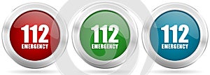 Number emergency 112 vector icon set. Red, blue and green silver metallic web buttons with chrome border