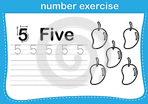 Number exercise with cartoon coloring book illustration