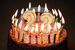 22 Number with festive candle for holiday cake. twenty two birth