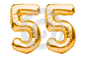 Número 55 cincuenta cinco hecho de dorado inflable en blanco. helio bebé frustrar números. fiesta decoraciones 
