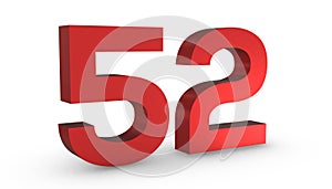 Number 52 Fifty Two  Red Sign 3D Rendering Isolated on White Background photo