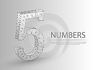 Number five 3D low poly abstract illustration.Origami vector digit 5 wireframe concept.