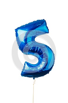 Number five 5 blue balloon, isolated on white