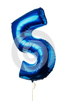 Number five 5 blue balloon, isolated on white
