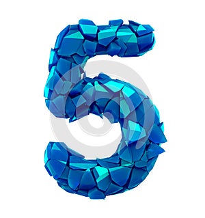 Number five 5 made of broken plastic blue color isolated white background