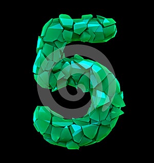 Number five 5 made of broken plastic green color isolated black background