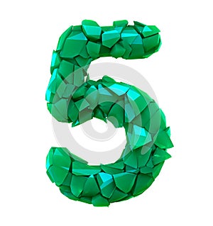 Number five 5 made of broken plastic green color isolated white background