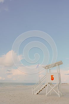 Number five beach lifeguard station situated on the shoreline of Orange Beach in Alabama