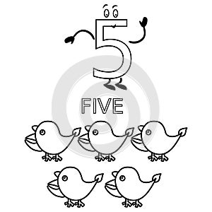 Number Five Counting and Colouring Pages Birds