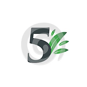 Number Five logo with green leaves. Natural number 5 logo