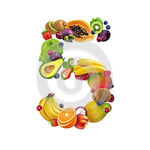 Number five made of different fruits and berries, fruit alphabet isolated on white background