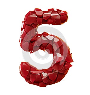 Number 5 five made of plastic shards red color isolated on white background. 3d photo