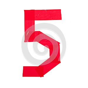 Number five made from red scotch tape on a white background