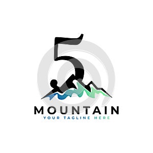 Number Five Mountain Logo. Explore Mountain Advanture Symbol Company Logo Template Element