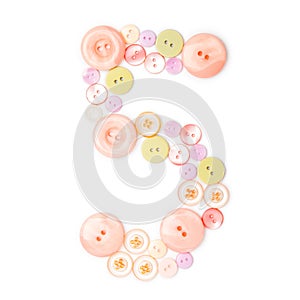 Number five from pink and green buttons isolated on white