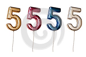 Number five shaped foil balloons in different colors. Isolated on white background. 3D rendered illustration