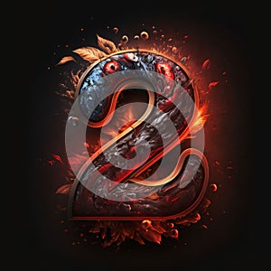 Number 2 with flames and smoke isolated on black background. 3d rendering