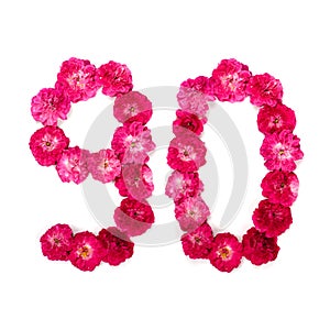 Number 90 from flowers of a red and pink rose on a white background. Typographic element for design.