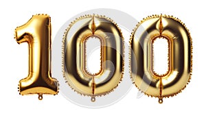 100 number font, One hundred golden balloon isolated on white transparent background