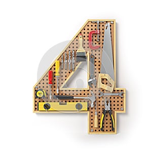 Number 4 four. Alphabet from the tools on the metal pegboard iso photo