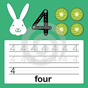 Number four, card for kids learning to count and to write, worksheet for kids to practice writing skill, Vector illustration