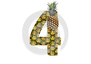 Number 4 four made from pineapple on a white background. Tropical fruit pineapple diet summer food