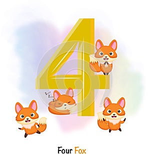 number Four tracing with 4 Fox for kids learning to count