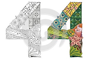 Number four zentangle for coloring. Vector decorative object