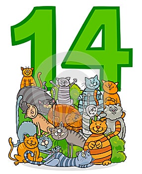 Number fourteen and cartoon cats group