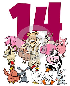 Number fourteen for kids with cartoon farm animals group