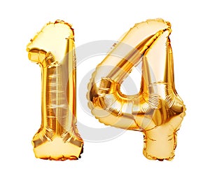 Número 14 catorce hecho de dorado inflable en blanco. helio bebé frustrar números. fiesta decoraciones 