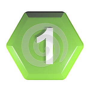 Number 1 green hexagonal push button - 3D rendering illustration