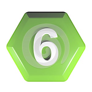 Number 6 green hexagonal push button - 3D rendering illustration