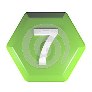 Number 7 green hexagonal push button - 3D rendering illustration