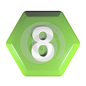 Number 8 green hexagonal push button - 3D rendering illustration