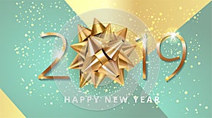 2019 number Happy New Year celebration modern gold background with gift ribbon bow and glitter confetti decoration. Vector winter