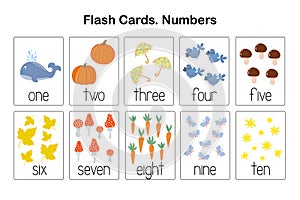 Number learning printable flash cards, educational English worksheet for kids, nursery, kindergarten, pre-school
