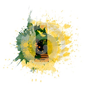 NUMBER 1, letter typography design, dark green and yellow ink splash grunge watercolor splatter, isolated on white, grungy backgro photo