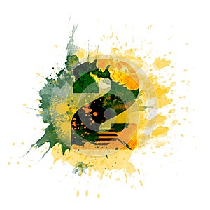NUMBER 2, letter typography design, dark green and yellow ink splash grunge watercolor splatter, isolated on white, grungy backgro photo