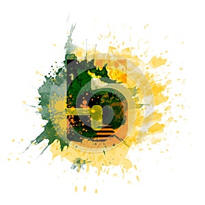 NUMBER 5, letter typography design, dark green and yellow ink splash grunge watercolor splatter, isolated on white, grungy backgro photo