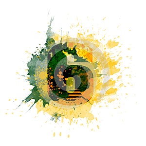 NUMBER 6, letter typography design, dark green and yellow ink splash grunge watercolor splatter, isolated on white, grungy backgro photo