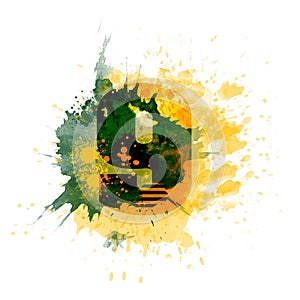 NUMBER 9, letter typography design, dark green and yellow ink splash grunge watercolor splatter, isolated on white, grungy backgro photo