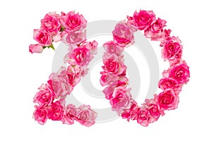 Number 20 made from pink roses on a white isolated background.Element for decoration. Anniversary, holiday